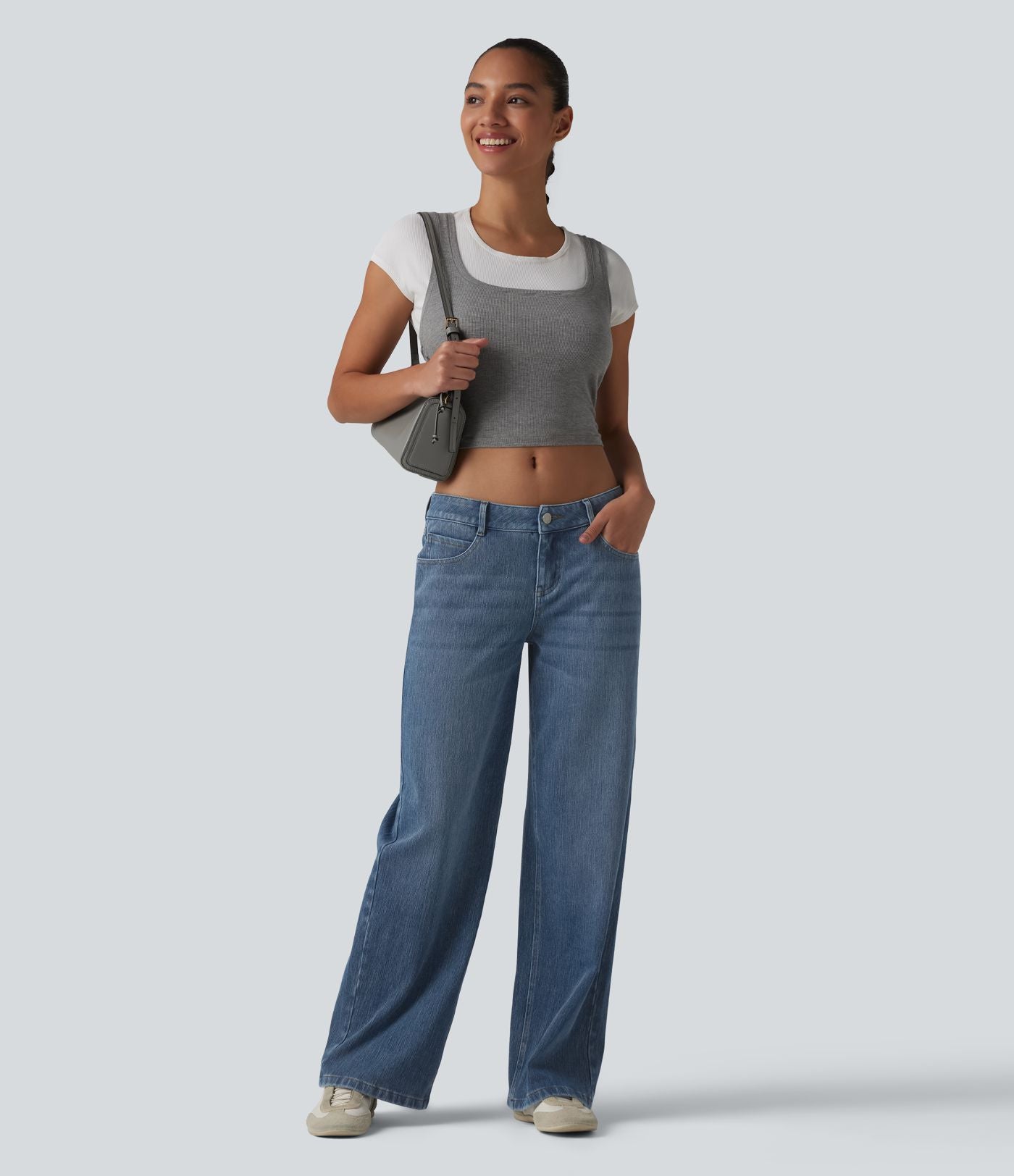 Jean coupe droite décontracté Halara Flex™ taille basse, délavé, avec poches