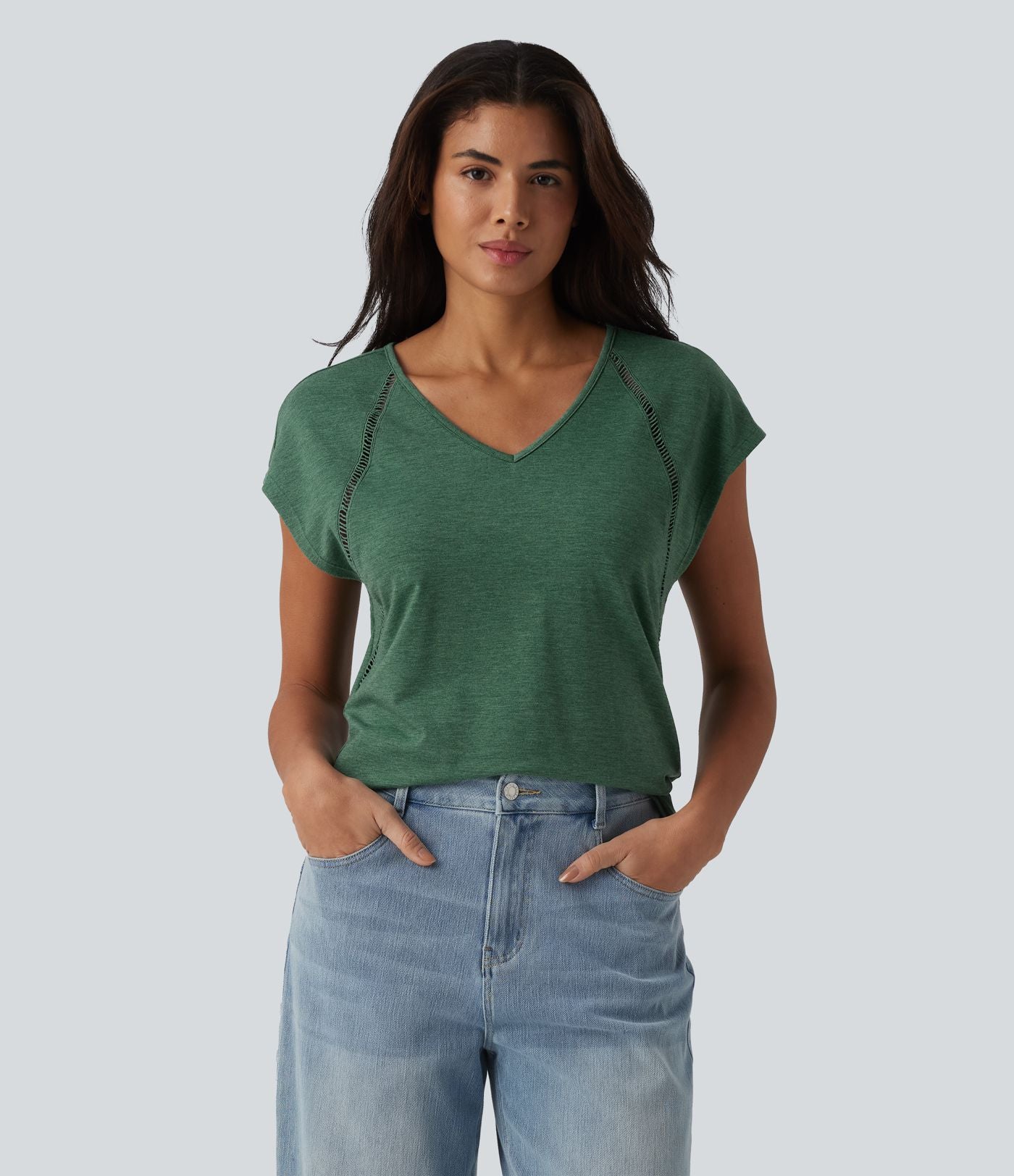 T-shirt casual chiné col V à manches courtes chauve-souris