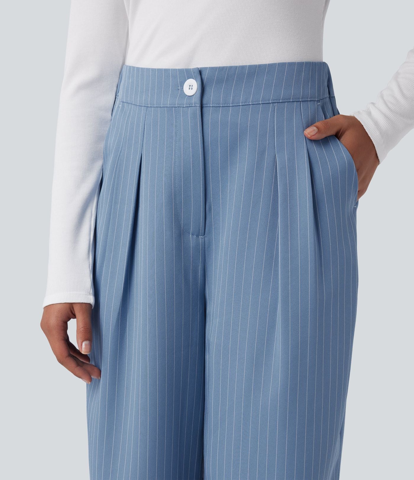 Pantalon Tailleur Large Fluide à Rayures, Taille Haute, Bouton et Fermeture Éclair, Poches Latérales