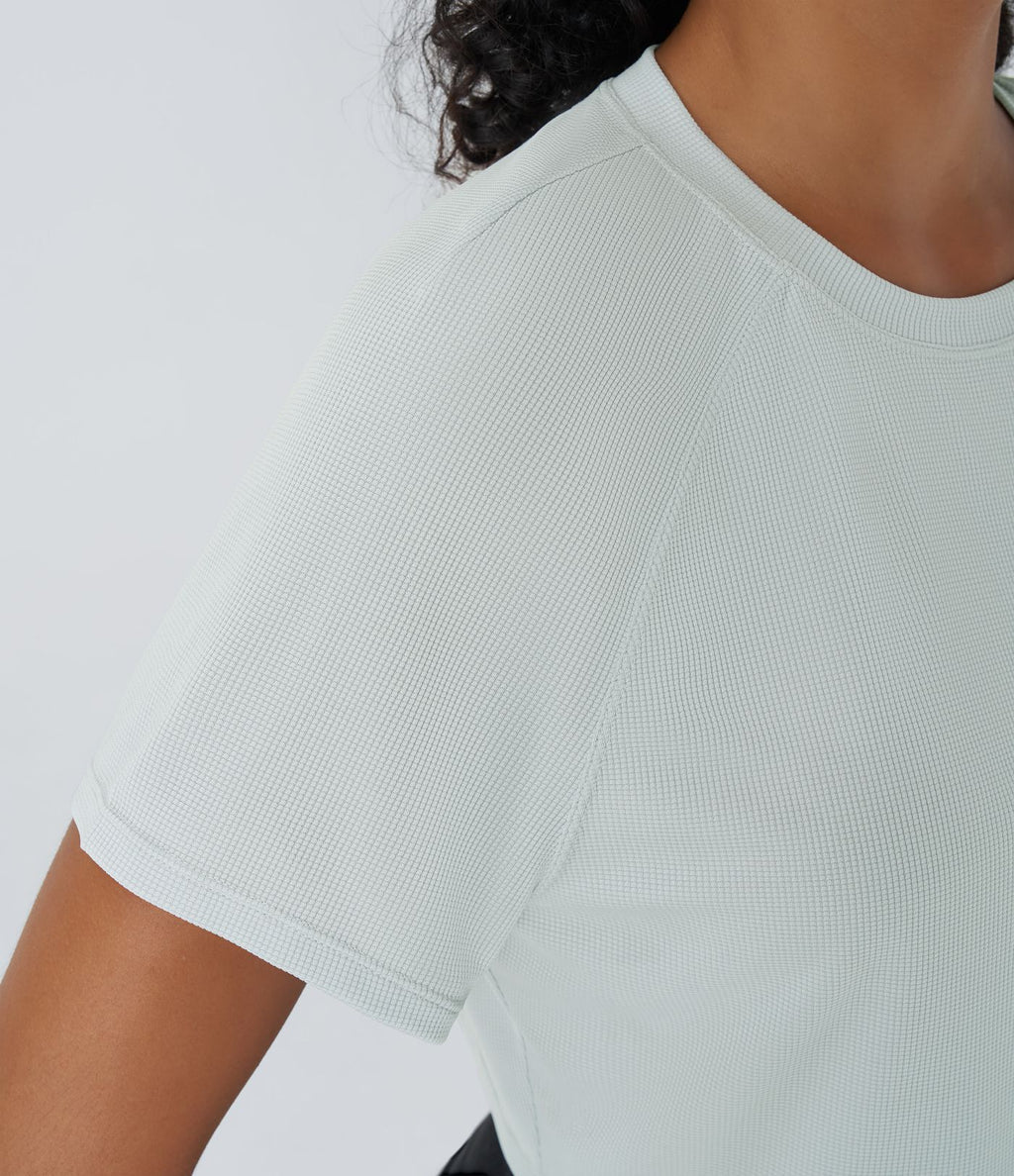 T-shirt Casual Court Tissu Gaufré Uni à Manches Raglan