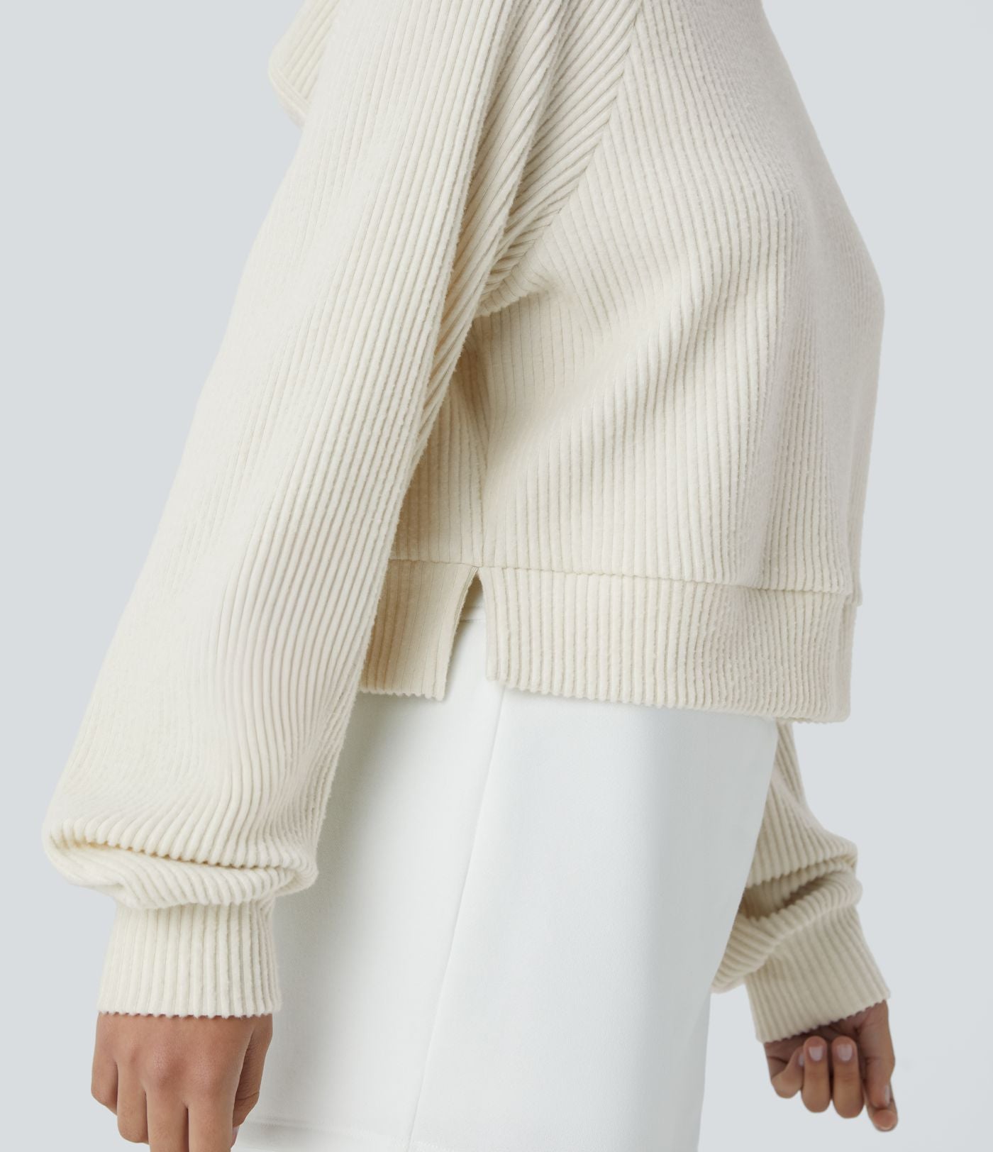 Sweat-shirt décontracté à capuche en maille côtelée avec manches longues et fente