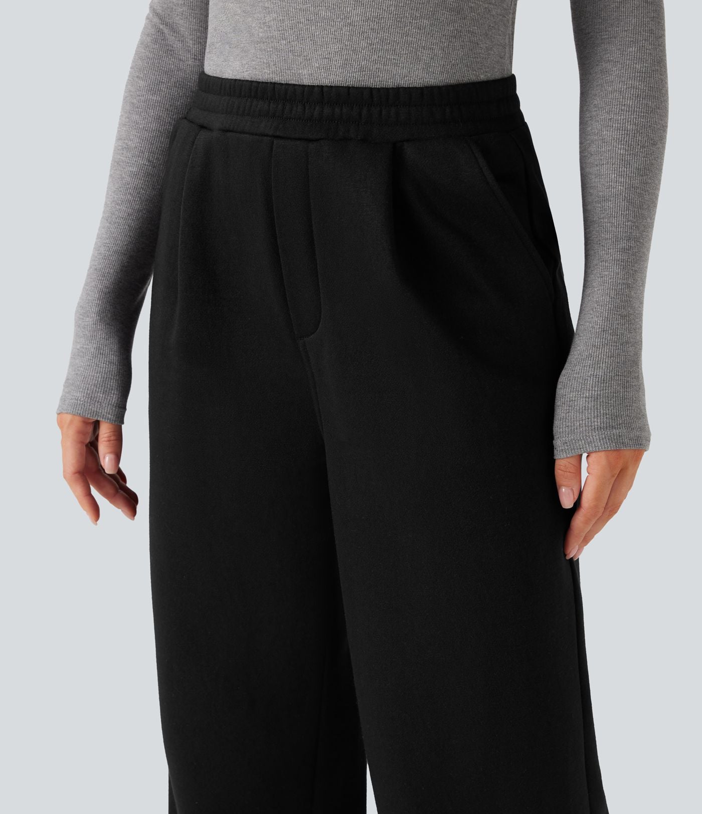 Pantalon jogging tailleur polaire coupe droite taille haute avec poches