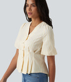 Blouse casual à rayures col V et manches bouffantes mi-longues