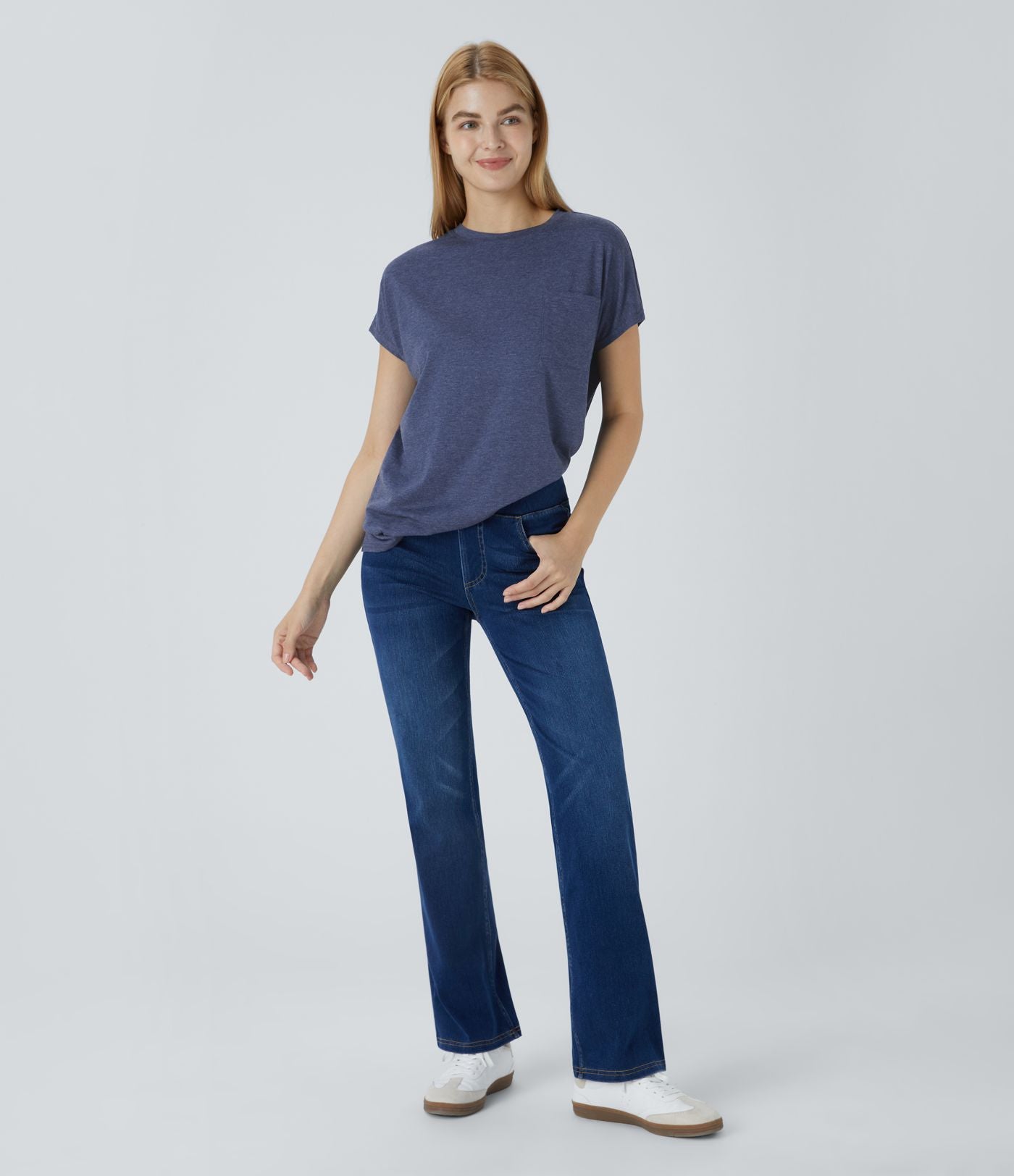 T-shirt Casual Relax à Col Rond Poche Poitrine Ourlet Fendu