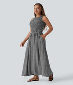 Robe midi fluide casual col rond sans manches à smocks et carreaux aspect lin avec poches