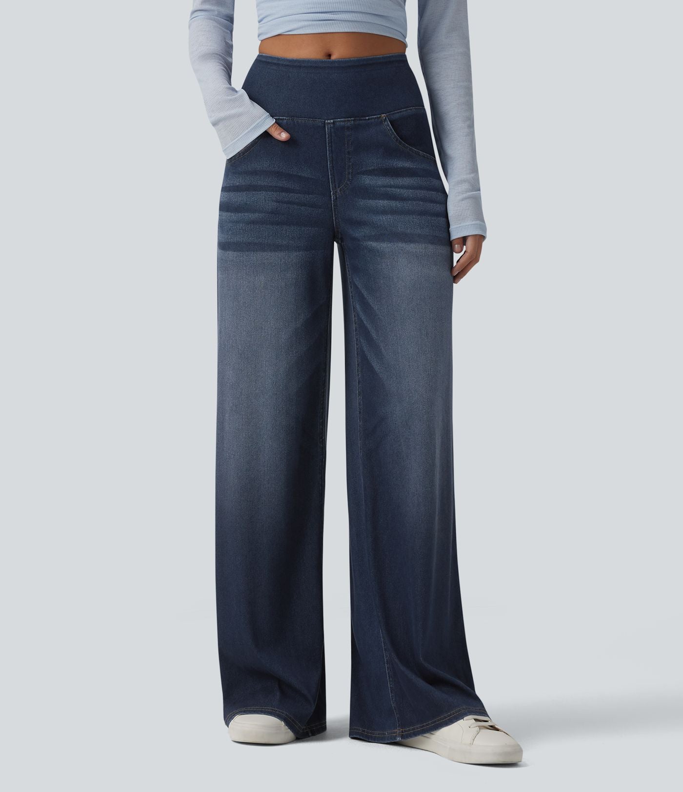 Halara Flex™ Jean large casual baggy taille mi-haute en lyocell drapé effet délavé, avec poches