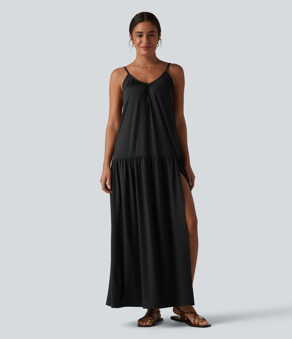 Robe nuisette maxi fluide col V ourlet fendu style vacances