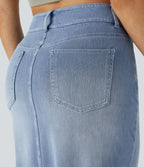 Halara Flex™ Jupe en Jean Casual Mi-Longue Délavé Extensible Plusieurs Poches Taille Haute