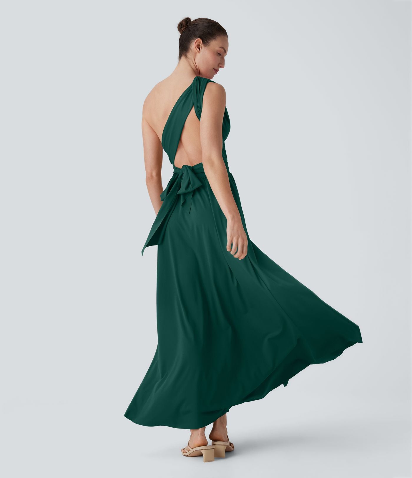 Robe longue de soirée col V, manches courtes, dos croisé à nouer, fendue avec poche latérale