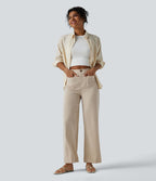 Pantalon taille haute coupe droite effet lin avec poches