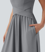 Robe maxi fluide dos nu, avec brassière intégrée et poches