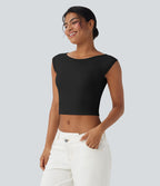 Haut casual crop tricot côtelé col bateau manches courtes