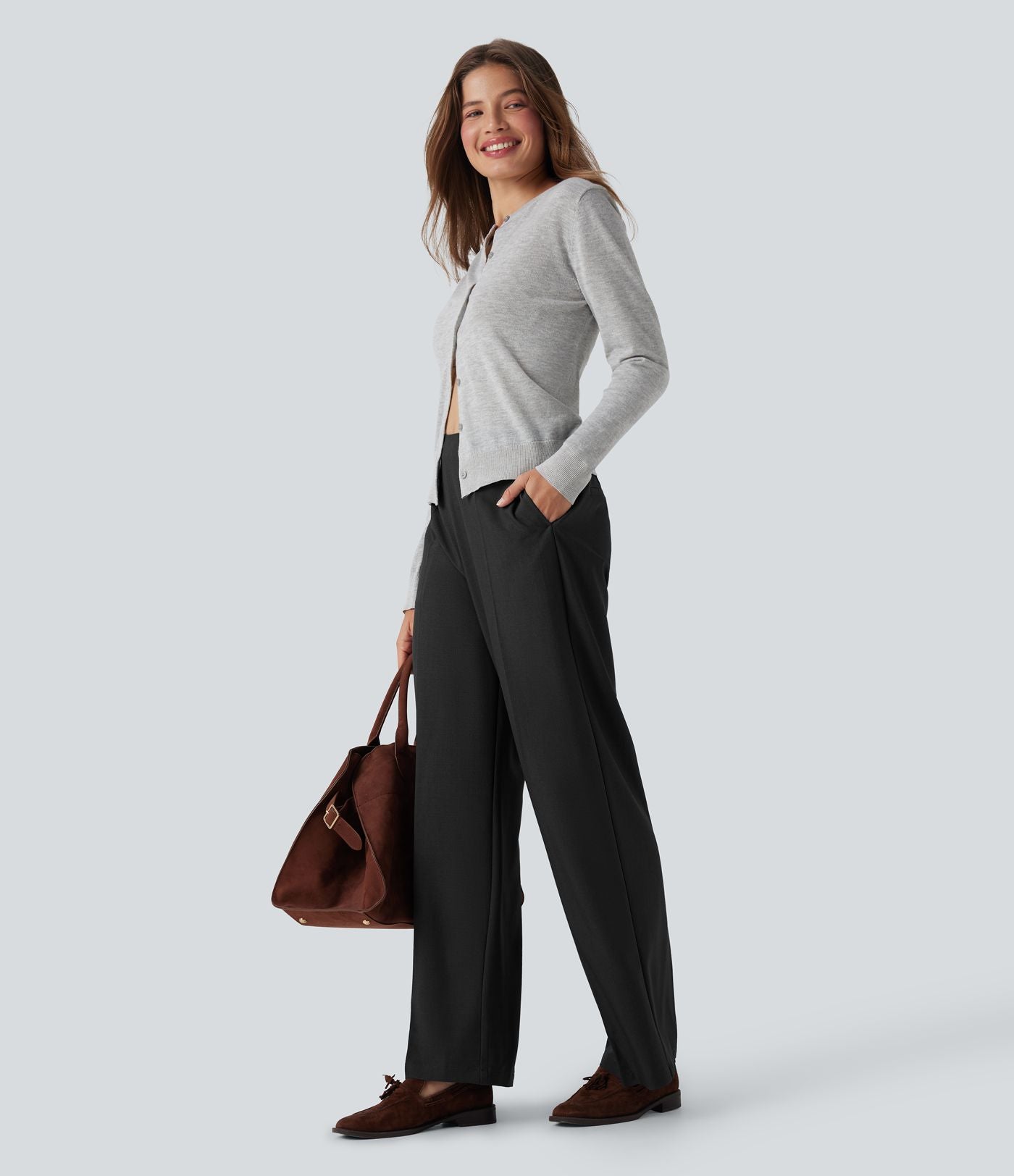 Pantalon tailleur taille haute fermeture éclair jambe droite avec poches