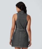 Débardeur de tennis Halara Flex™ en denim stretch délavé avec col montant, fermeture éclair et effet frais InstantCool