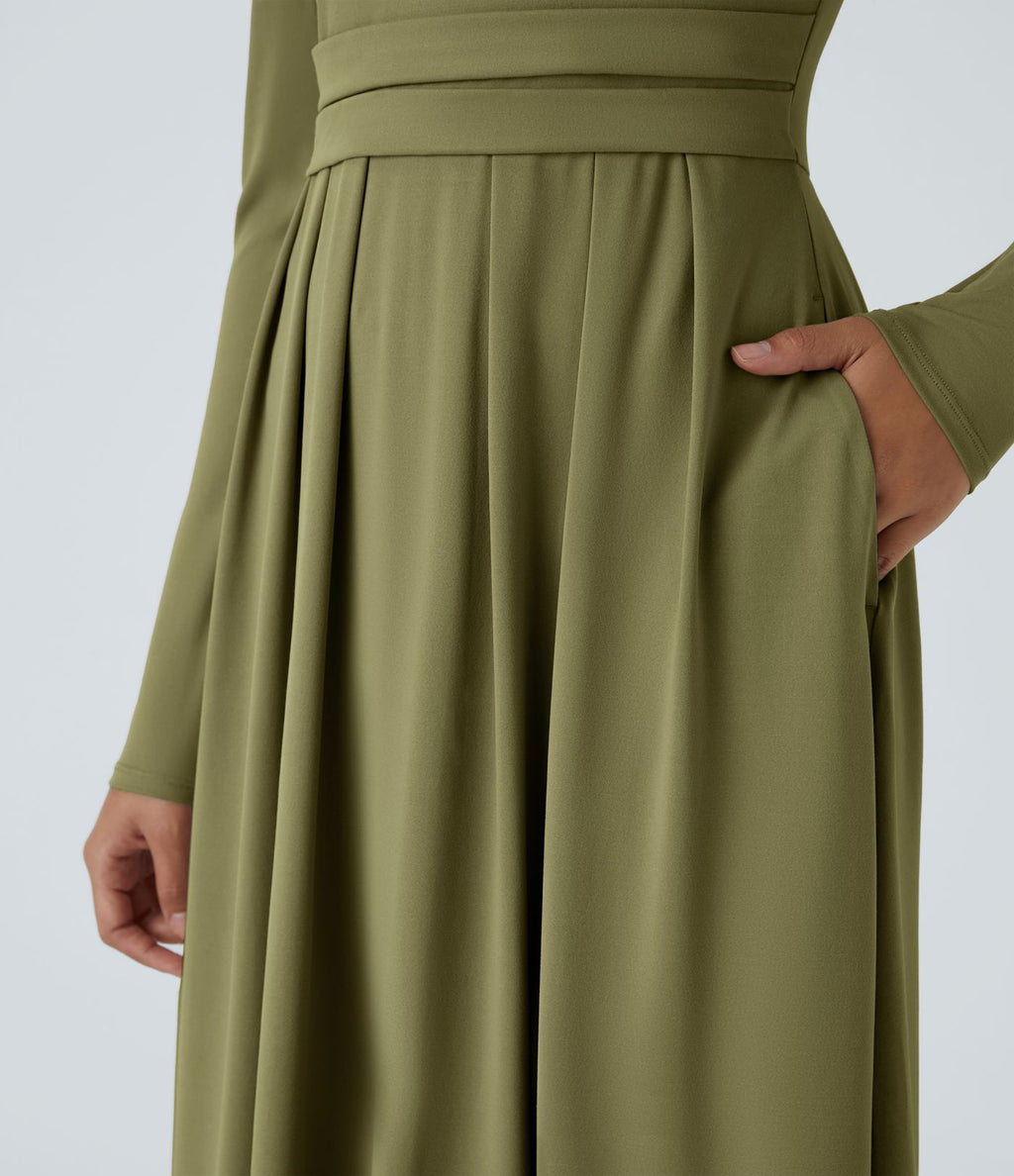 Robe longue décontractée à col montant, manches longues, plissée, avec poches latérales et coupe évasée