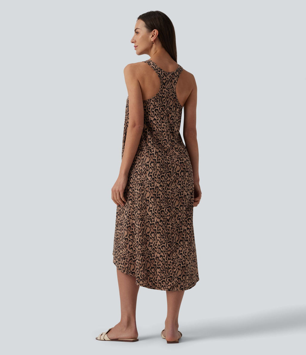 Robe mi-longue fluide station balnéaire dos nageur sans manches asymétrique imprimé léopard avec poches