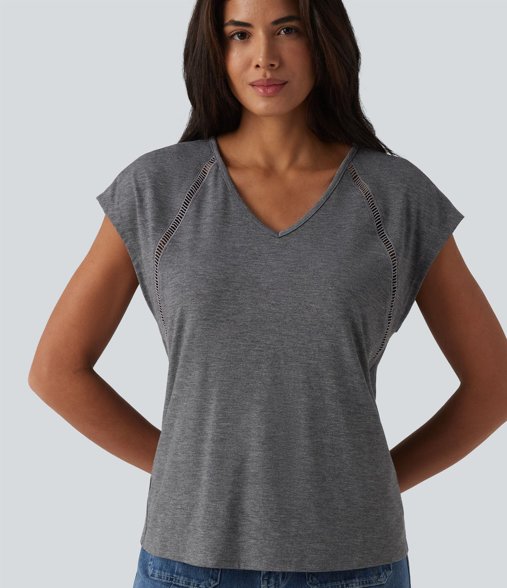 T-shirt casual chiné col V à manches courtes chauve-souris
