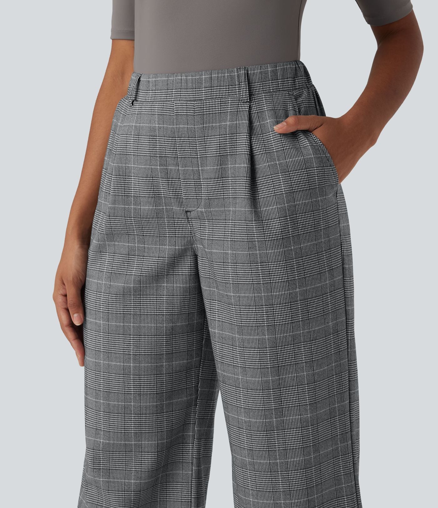 Pantalon de travail Halara Flex™ bootcut à carreaux pied-de-poule, taille haute, avec poches