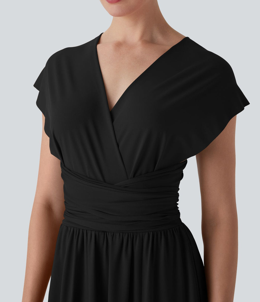 Robe longue de soirée col V, manches courtes, dos croisé à nouer, fendue avec poche latérale