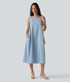 Robe débardeur midi décontractée en vichy froissé, col rond, sans manches, à poches