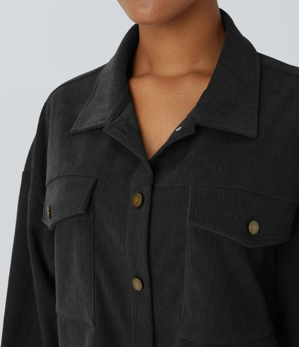 Veste décontractée en velours côtelé à col, boutonnage, manches longues et poches poitrine