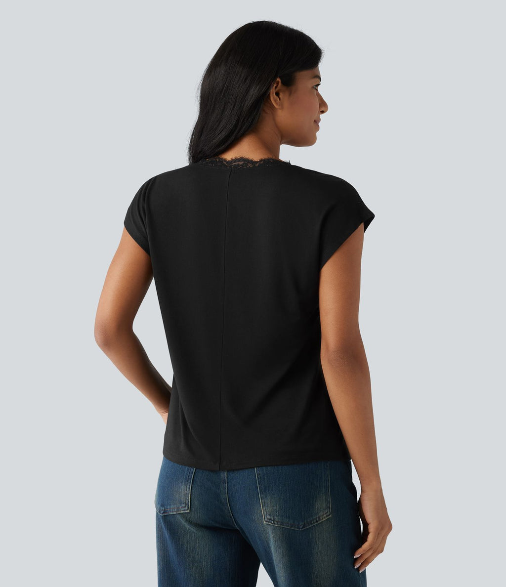 T-shirt décontracté en dentelle col V manches courtes