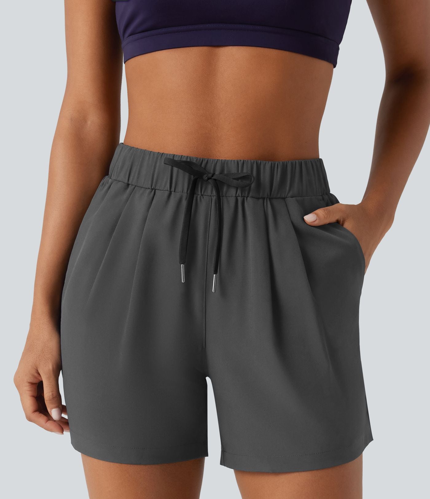 Short de yoga plissé taille haute élastique 12,5 cm avec cordon de serrage et poches