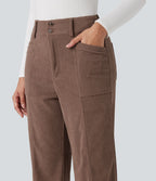 Pantalon décontracté droit taille haute en velours côtelé avec poches