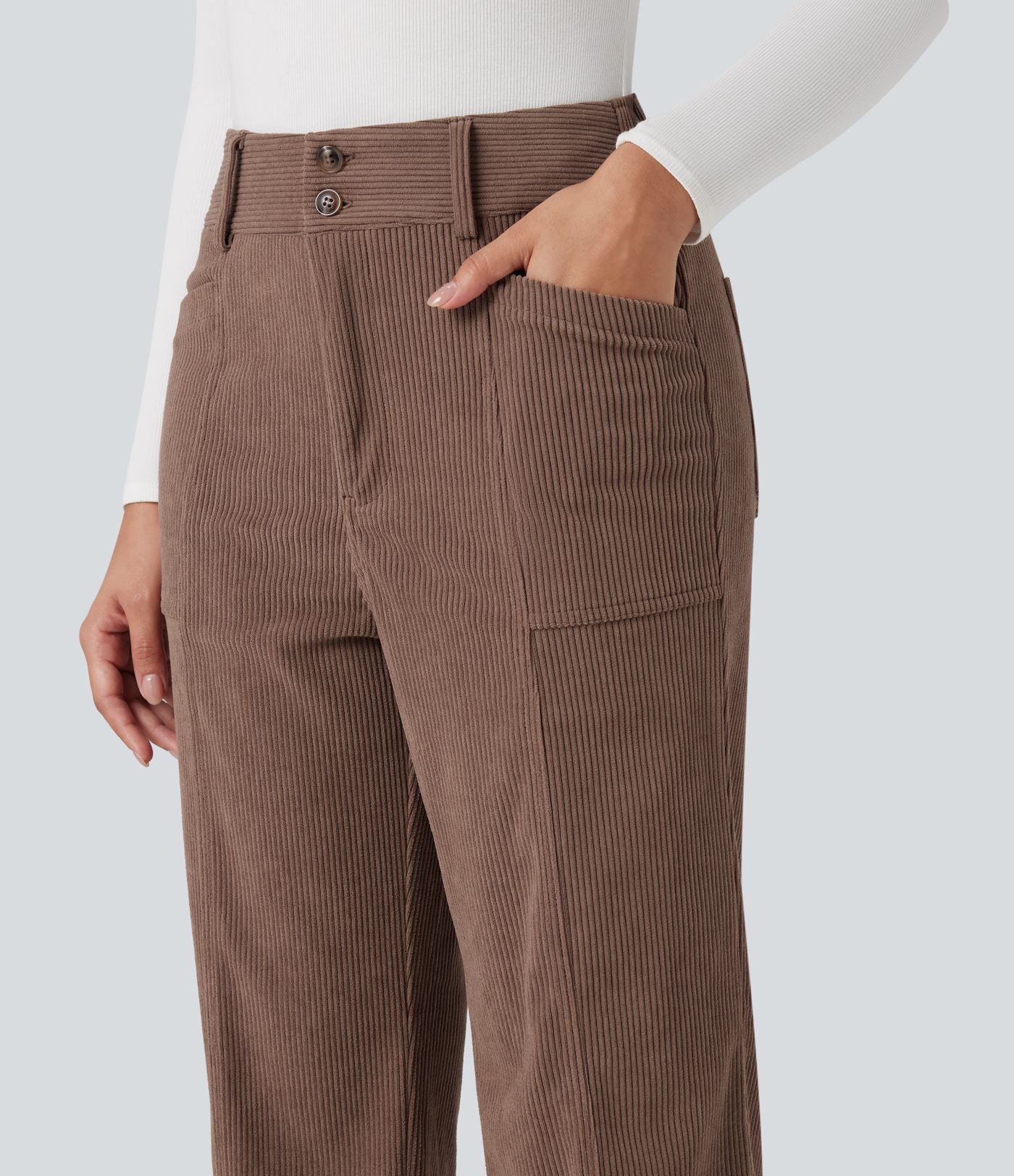 Pantalon décontracté droit taille haute en velours côtelé avec poches