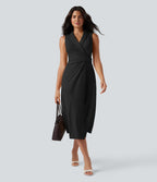 Robe mi-longue tailleur col V liens dans le dos sans manches