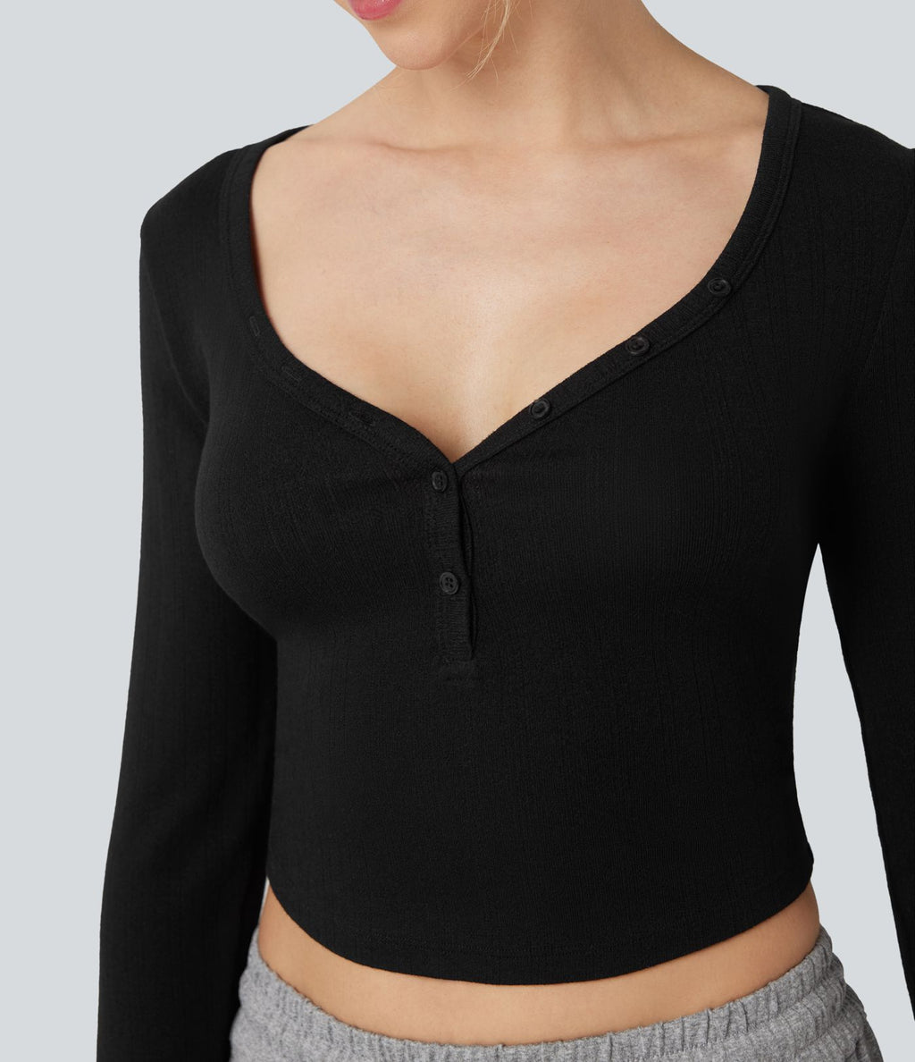 Haut détente cropped maille côtelée col henley manches longues