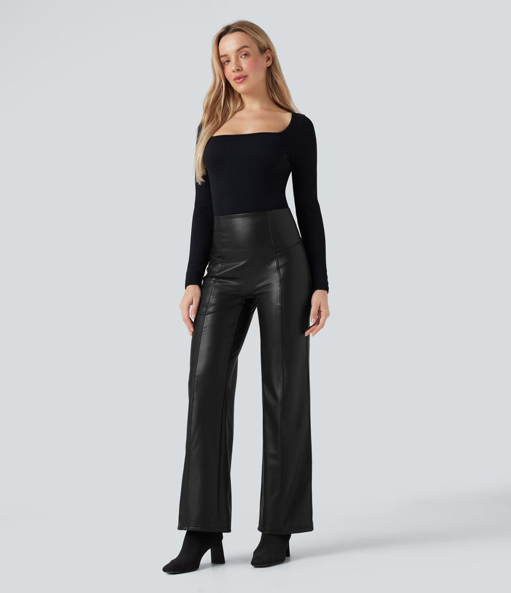 Pantalon similicuir évasé gainant taille haute stretch avec poches