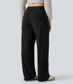 Pantalon décontracté droit en velours côtelé, taille haute, avec poches