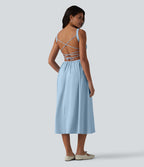 Robe fluide midi de villégiature sans manches, encolure carrée, dos nu croisé, fronces et soutien-gorge intégré