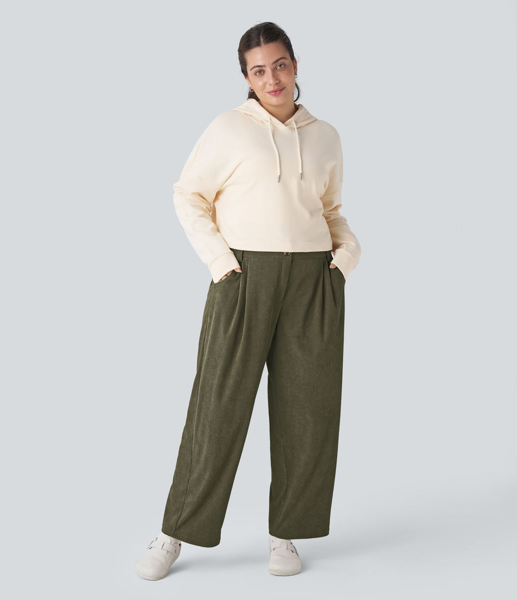 Pantalon Casual Grande Taille Velours Côtelé Taille Mi-haute Boutonnés Fermeture Éclair Poches Latérales