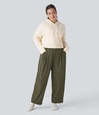 Pantalon Casual Grande Taille Velours Côtelé Taille Mi-haute Boutonnés Fermeture Éclair Poches Latérales