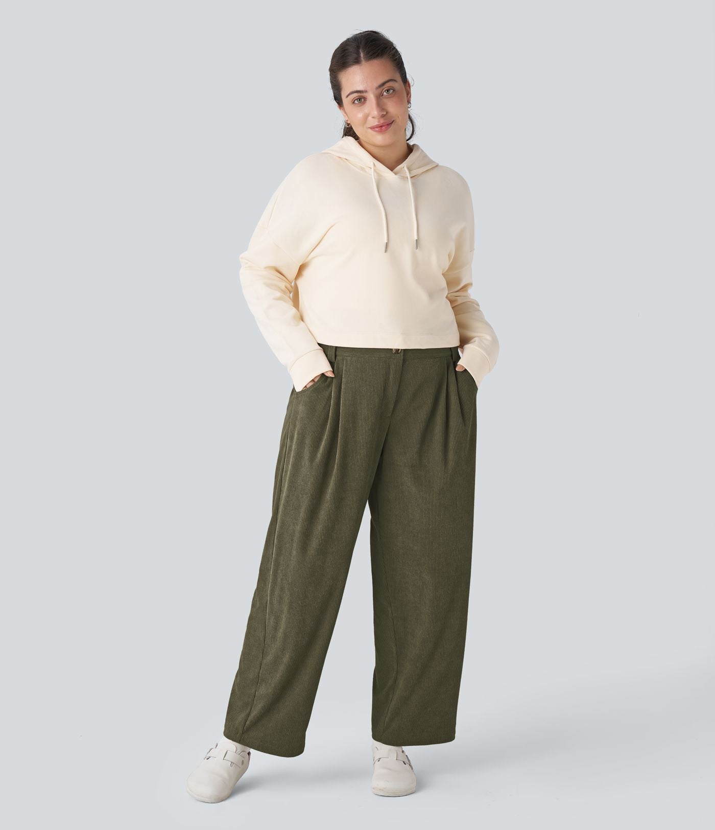 Pantalon Casual Grande Taille Velours Côtelé Taille Mi-haute Boutonnés Fermeture Éclair Poches Latérales
