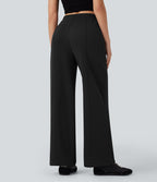 Pantalon jogging droit en coton molleton taille haute avec cordon et poches