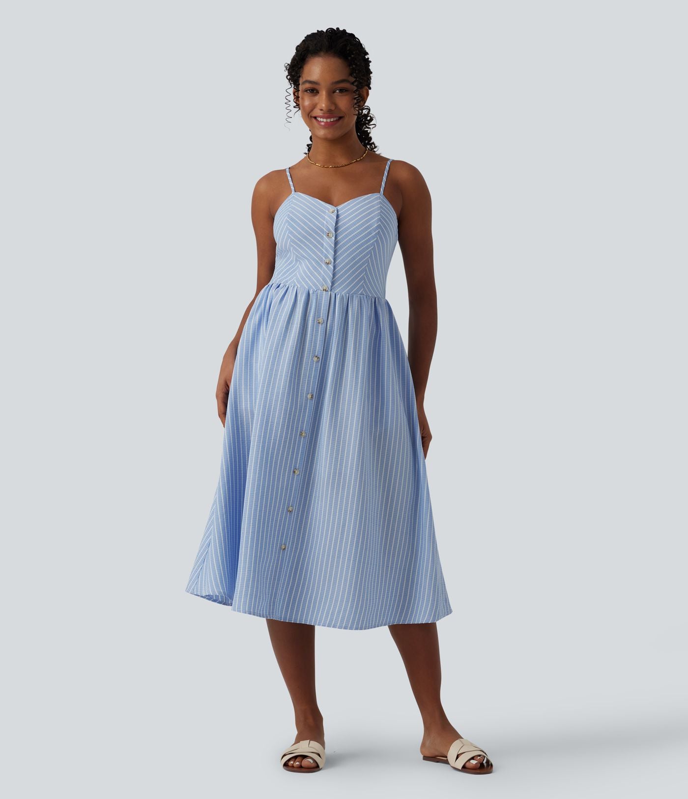 Robe midi bretelles à rayures froncée avec poches