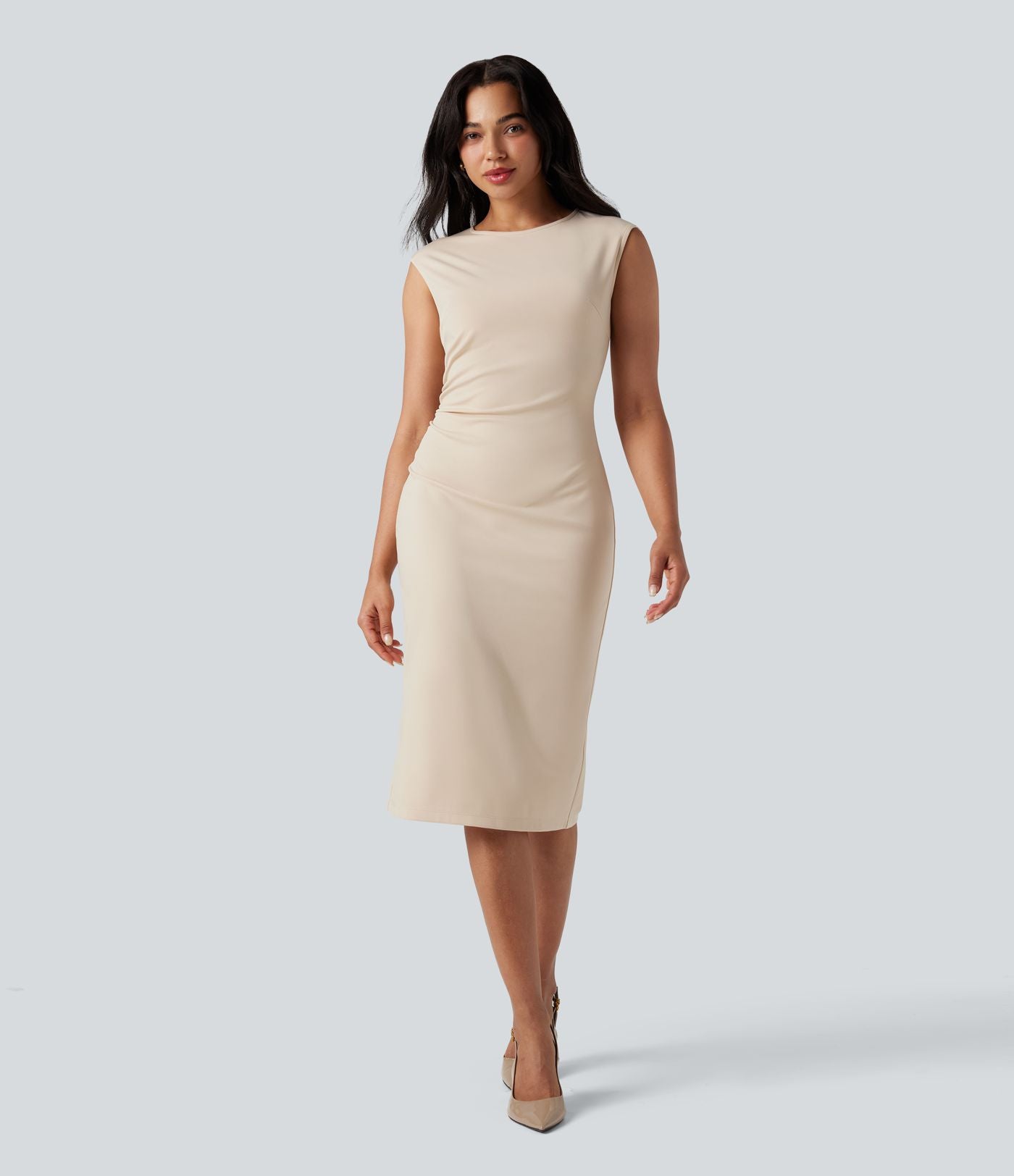 Robe mi-longue moulante tailleur col rond sans manches