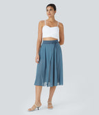 Jupe Casual Évasée Mesh Mi-Longue Fuide 2 en 1 Contrastée Taille Haute Cordon Poche Latérale