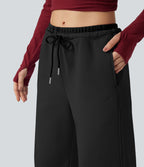 Pantalon jogging polaire jambes larges taille mi-haute avec cordon de serrage et poches
