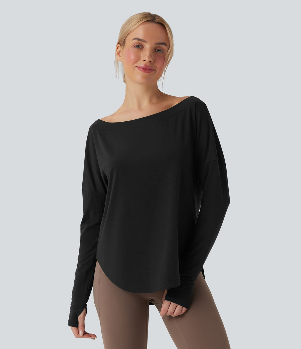 Top yoga sport séchage rapide une épaule manches longues trous pouces ourlet arrondi haut-bas