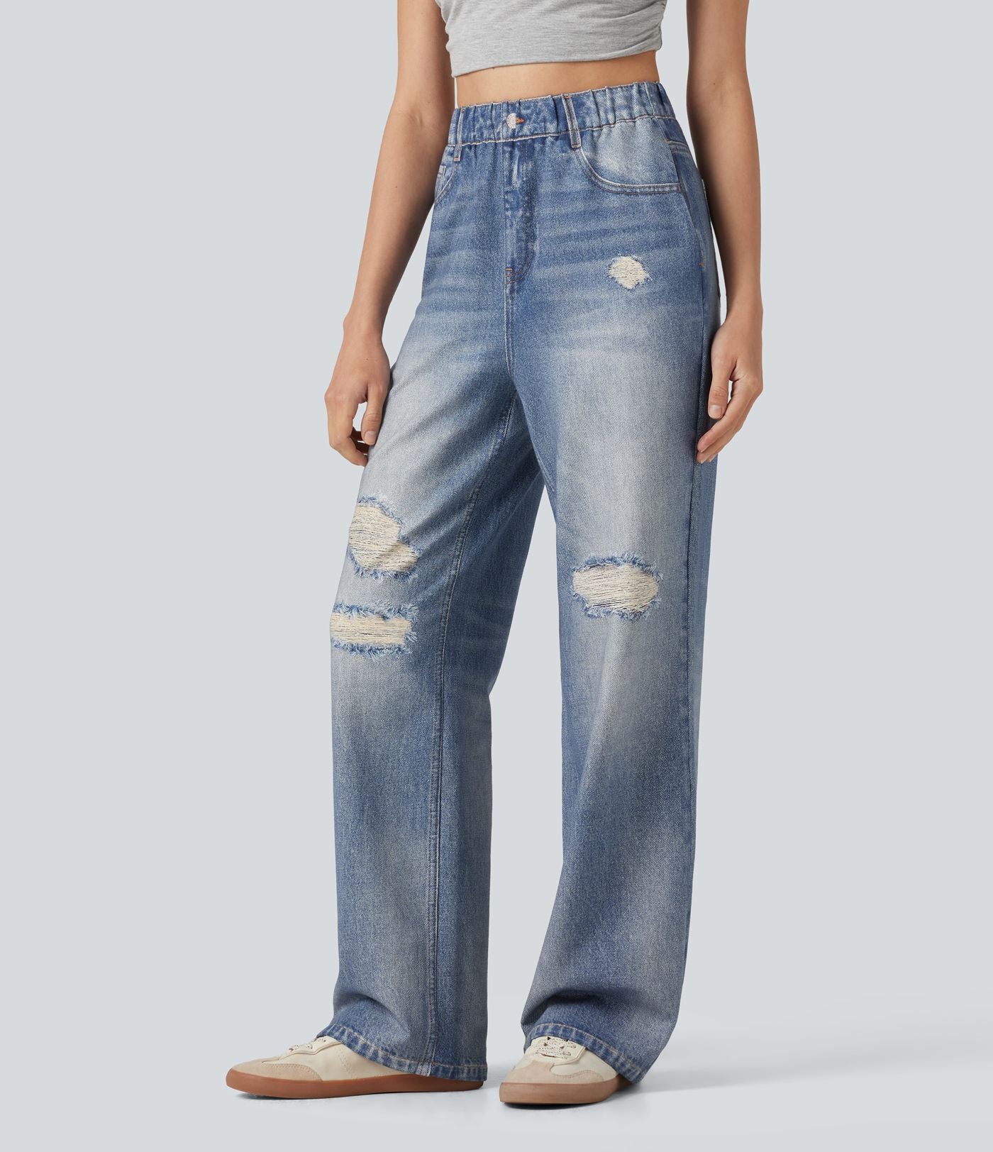 Pantalon de jogging taille haute en molleton French Terry imprimé jean avec poches