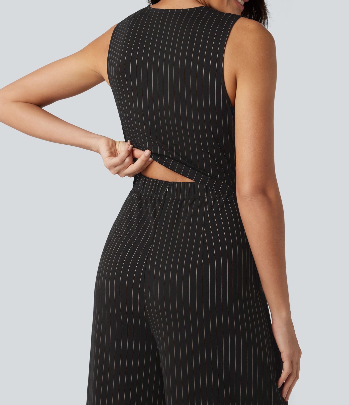 Combinaison tailleur col V sans manches à rayures et fronces avec poches - Easy Peasy