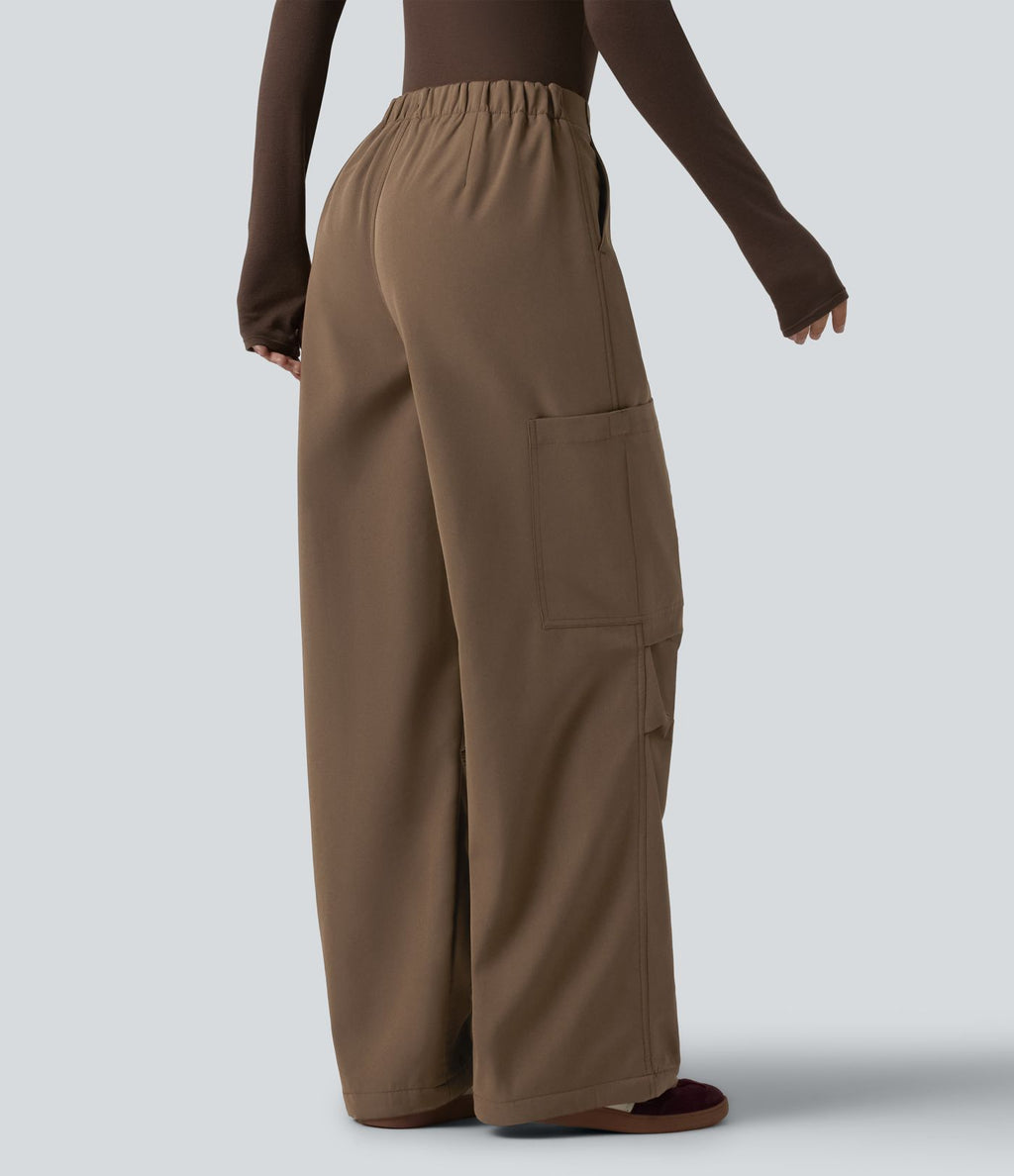 Pantalon parachute large fluide décontracté en polaire taille haute avec poches