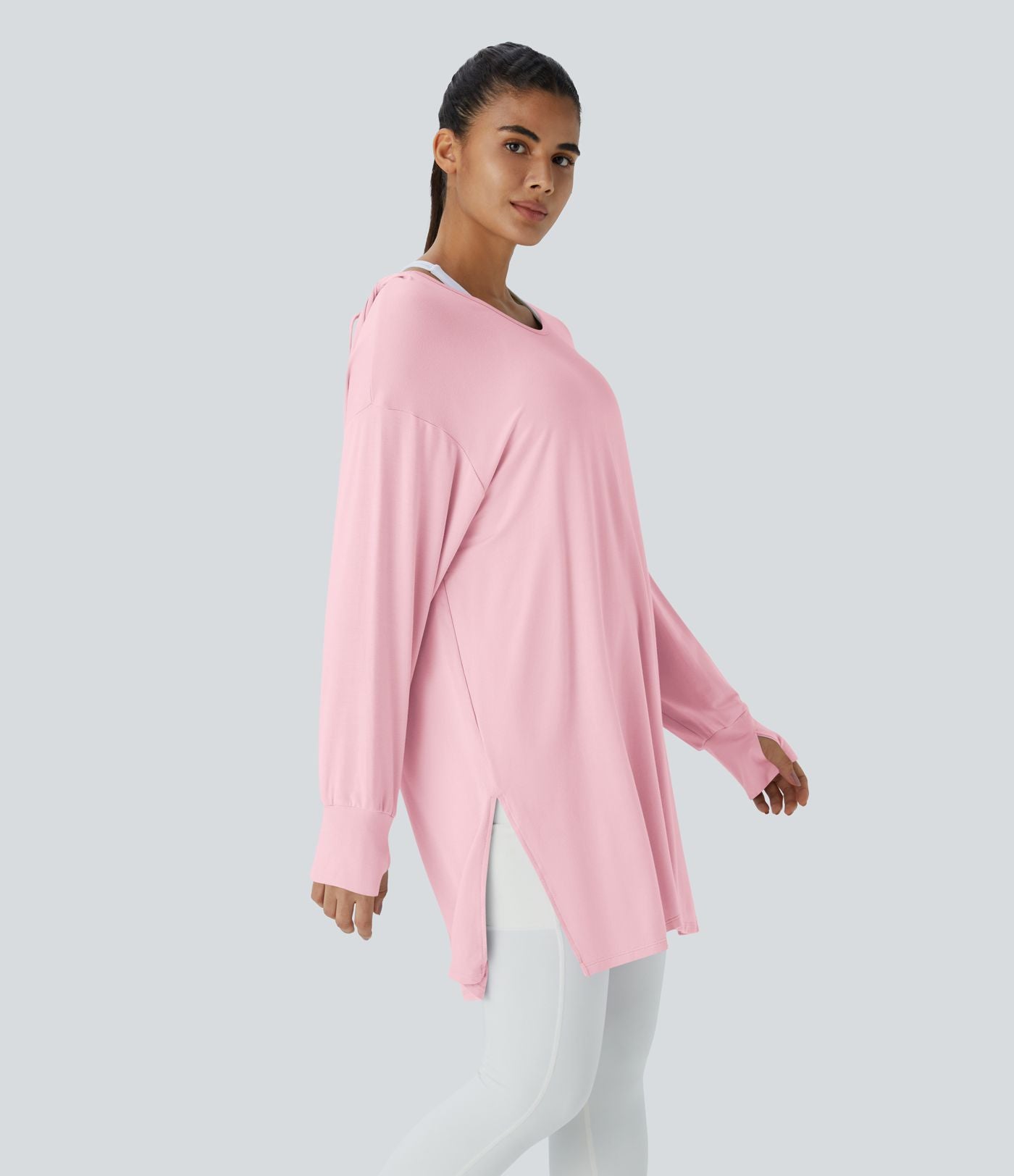 Sweatshirt Casual à Capuche Encolure en V Cordon de Serrage Trou pour le Pouce Fente et Coupe Longue