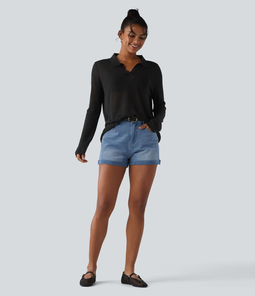 Pull casual en lyocell et lin à col polo et manches longues