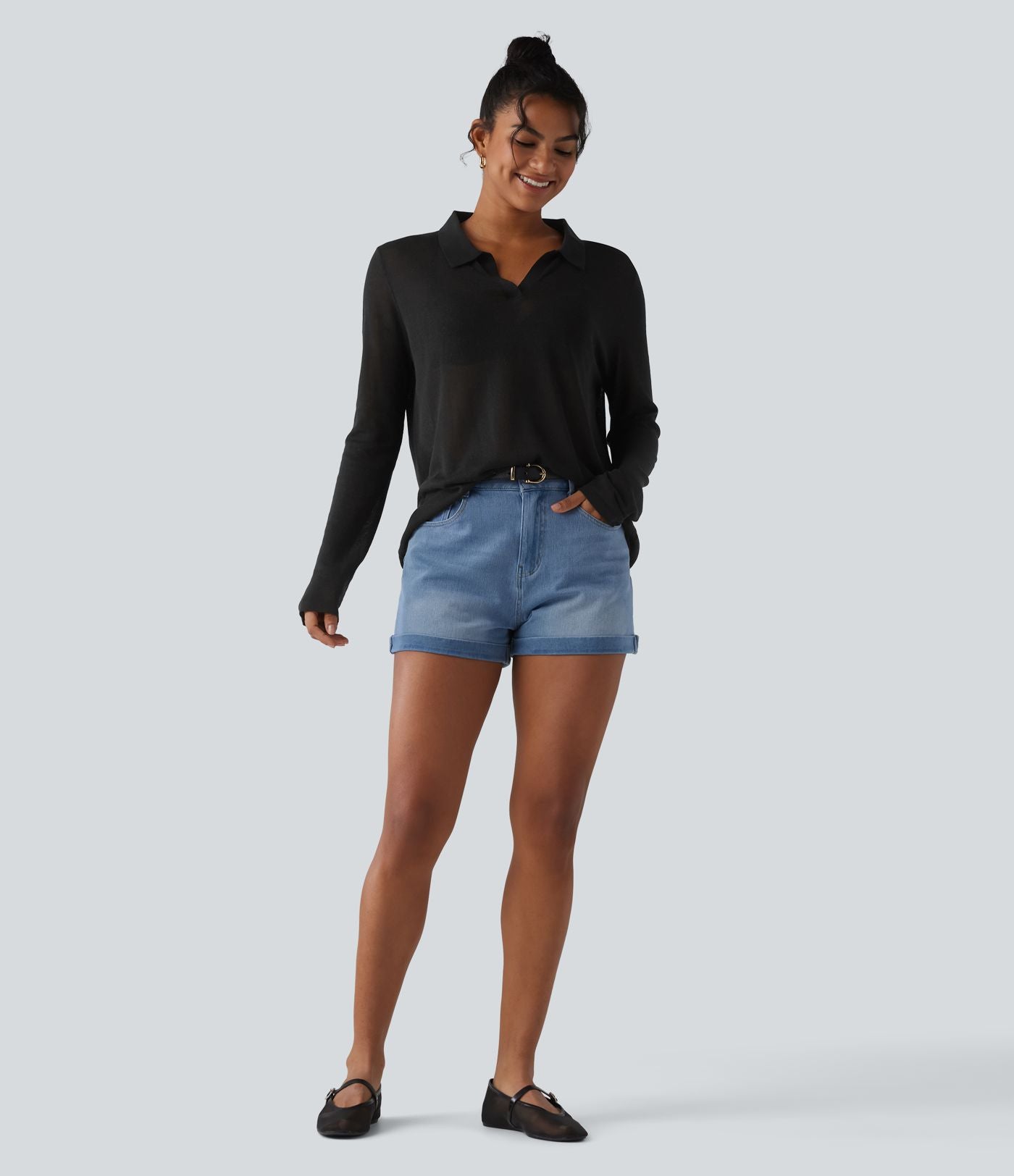 Pull casual en lyocell et lin à col polo et manches longues