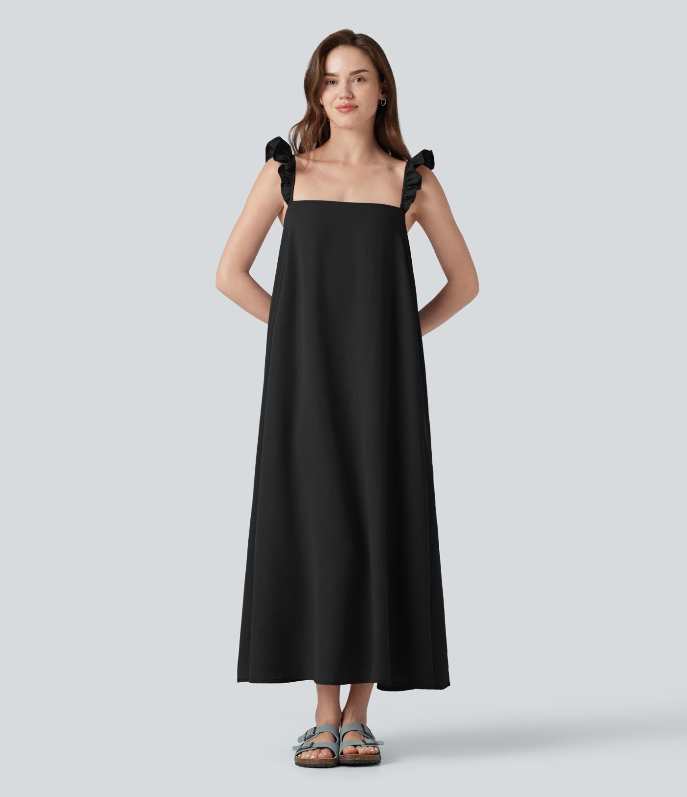Robe casual fluide midi sans manches col carré avec bordure à volants et poches